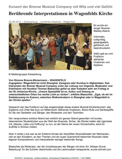 Rezension Kirchenkonzert Wagenfeld 26.09.2014 Kreiszeitung Seite 1:2