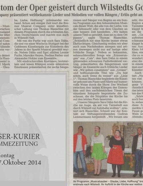 Rezension KIrchenkonzert Weser Kurier 27.10.2014 Zeitungsbericht Wilstedt 2014